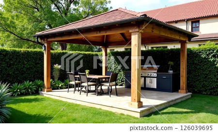 Gazebo with barbecue area in the courtyard of the house with barbecue, stove, table, roof. AI generated 126039695