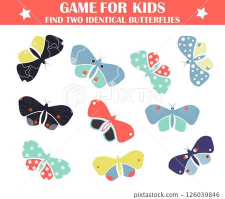 Game for kids. Find two identical butterflies. Children activity page. Easy riddle entertainment for children. 126039846