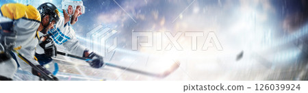 Hockey action. Two professional hockey player in action. Focus on the hockey players. Fight for the puck. Sports emotions. Concept energy, ad 126039924