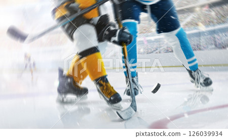 Close-up. Hockey game in an open stadium. Focused on the hockey puck. Two professional hockey player in action. Fight for the puck 126039934