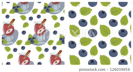 Cinnamon stick in mulled wine Glass cup and Blueberries and Mint Leaves Summer Seamless Patterns Set 126039958