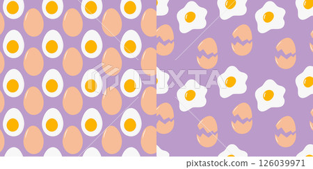 Raw Half boiled egg and Fried egg with Eggshell Seamless Pattern on Lavender Backdrop Food Fond Set Raw Half boiled egg and Fried egg with Eggshell Seamless Pattern on Lavender Backdrop Food Fond Set 126039971