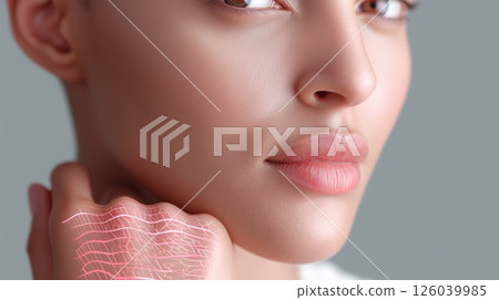 Artificial skin transplant on human hand in healing process, showcasing biomedical technology, tissue regeneration, and medical innovation in dermatological treatment. 126039985