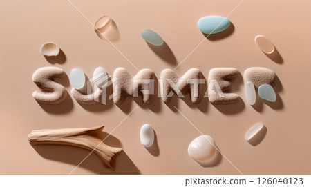 Creative summer flat lay with sand-textured letters and natural beach elements on beige background. Ideal for seasonal, vacation, travel, and marine-themed designs and content. 126040123