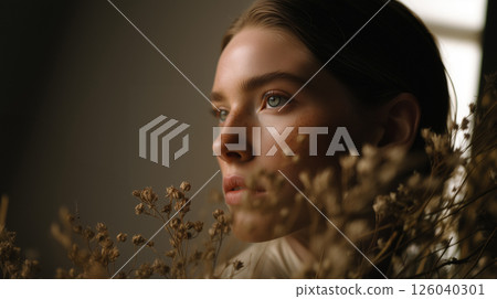 Emotive portrait of a woman with freckles and soft natural light, evoking serenity, inner peace, mental healing, and harmony with nature in an earthy, cinematic atmosphere. 126040301