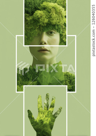 Conceptual vertical collage of a woman with moss and leaves, blending nature and human identity. Eco-friendly editorial design symbolizing environmental unity and green living. 126040355
