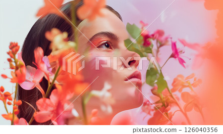 Portrait of a serene woman surrounded by vibrant flowers, symbolizing aura beauty, inner peace, nature connection, and emotional healing. A tranquil, spiritual, and holistic visual experience. 126040356