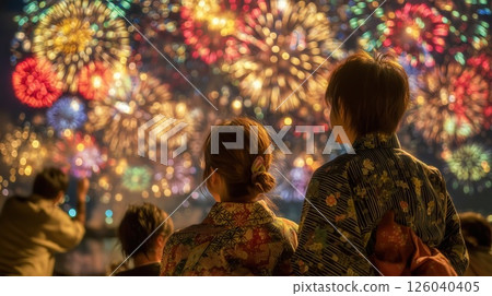 Fireworks filling the night sky and a couple in yukata 126040405