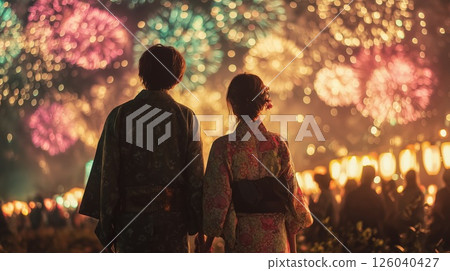 The backs of two people standing side by side in yukata and large fireworks lighting up the night sky The backs of two people standing side by side in yukata and large fireworks lighting up the night sky 126040427