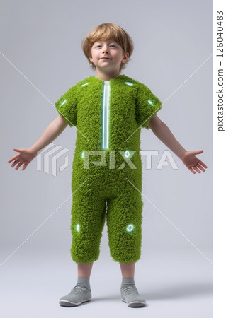 Futuristic eco fashion concept featuring a child in a vibrant green moss-like suit with glowing accents, symbolizing sustainability, innovation, and harmony with nature. 126040483