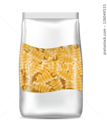 Spaghetti fusilli package. Realistic raw pasta packaging, transparent cellophane, blank label. Mockup design. Italian food pack. Dry pasta. Wrapping paper for culinary ingredient. Vector 3d object 126040533