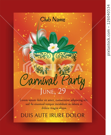 Carnival poster. Realistic mask. Masquerade party invitation. Holiday venetian show. Performance event. Festival costume entertainment. Harlequin parade. Mardi gras celebration. Vector flyer design 126040534