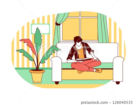 People read books. Man sitting at sofa. Literatures studying. Comfortable living room. Reader in cozy home interior. Recreation or education. Guy enjoying of novel. Textbook learning vector concept People read books. Man sitting at sofa. Literatures studying. Comfortable living room. Reader in cozy home interior. Recreation or education. Guy enjoying of novel. Textbook learning vector concept 126040535