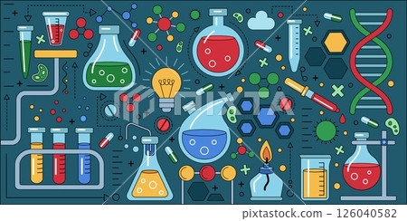 Laboratory background. Science chemistry lab. Biology tools. Chemical equipment. Glass beaker with burner. School education pattern. Scientific experiment. DNA analysis. Vector pharmacy tidy banner 126040582