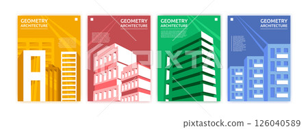 Abstract minimal architecture. Building geometry. Business design for city. Banner background. Construction space in geometric template. Urban landscape. Brochure or flyer. Vector garish poster set 126040589