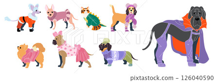 Dog cloth. Pets in winter clothing. Accessory dress. Doggy costume. Corgi shoes and coat for cold season. Apparel for friendly domestic animals. Sweater and jacket for cats. Vector canine clothes set 126040590