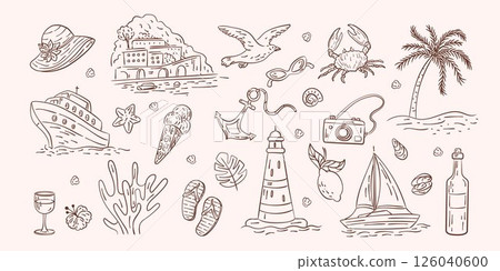 Summer icon. Beach vacation sketch. Doodle Amalfi travel. Italy coast. Vintage seafood drawing. Marine animal. Woman by sea. Spanish cruise. Italian Picnic on yacht. Vector tidy engraving elements set Summer icon. Beach vacation sketch. Doodle Amalfi travel. Italy coast. Vintage seafood drawing. Marine animal. Woman by sea. Spanish cruise. Italian Picnic on yacht. Vector tidy engraving elements set 126040600