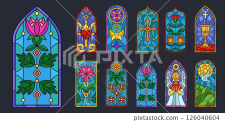 Glass stained. Craftsmanship mosaic medieval pattern with flower texture, crucifix. Geometric color leaf ornament on window. Gothic style architecture isolated elements. Vector Christianity tidy frame Glass stained. Craftsmanship mosaic medieval pattern with flower texture, crucifix. Geometric color leaf ornament on window. Gothic style architecture isolated elements. Vector Christianity tidy frame 126040604