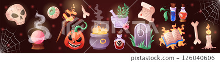 Halloween icon set. Magic witch cartoon isolated objects. Game elements, wizard tale book. Stick of fairy, pot, skull, cauldron with potion. Alchemy bottle. Vector garish sticker witchcraft collection Halloween icon set. Magic witch cartoon isolated objects. Game elements, wizard tale book. Stick of fairy, pot, skull, cauldron with potion. Alchemy bottle. Vector garish sticker witchcraft collection 126040606