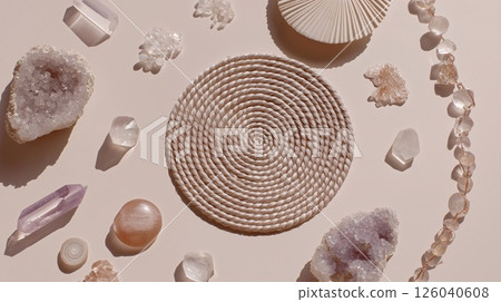 Flatlay of healing crystals and gemstones arranged around a spiral rope centerpiece on soft neutral background, symbolizing calm, spiritual balance, natural energy, and mental wellness. 126040608