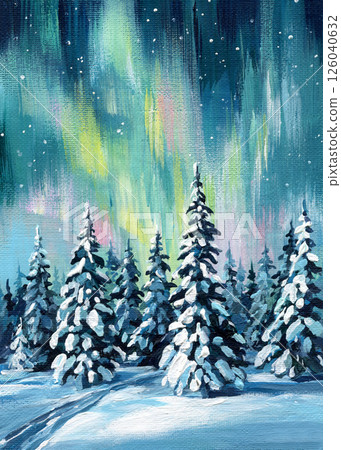 Northern Lights and Snowy Forest Landscape Painting, Winter Night Sky Aurora Borealis, Impasto Acrylic Artwork on Canvas 126040632