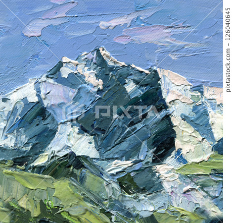 Impressionist Mountain Landscape Painting with Snowy Peaks Blue Sky, Textured Impasto Acrylic Artwork on Canvas Makalu Impressionist Mountain Landscape Painting with Snowy Peaks Blue Sky, Textured Impasto Acrylic Artwork on Canvas Makalu 126040645