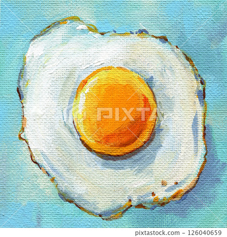 Fried egg acrylic painting breakfast food art. Realistic hand painted minimal artwork home kitchen decor, print, poster Fried egg acrylic painting breakfast food art. Realistic hand painted minimal artwork home kitchen decor, print, poster 126040659