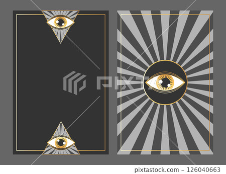 Tarot card templates with golden magical eye. Tarot frames decorated with All seeing eye. Front and reverse side. Vector illustration Tarot card templates with golden magical eye. Tarot frames decorated with All seeing eye. Front and reverse side. Vector illustration 126040663