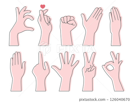 Hand gesture outlines. Okay sign, thumb up, pointing finger, making heart, holding hand, fist, open palm, straight hand. Vector illustration Hand gesture outlines. Okay sign, thumb up, pointing finger, making heart, holding hand, fist, open palm, straight hand. Vector illustration 126040670