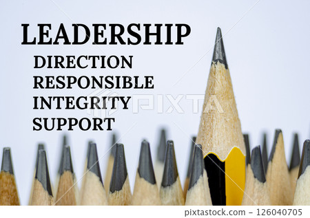 A pencil standing out from the rest with text LEADERSHIP, DIRECTION, RESPONSIBLE, INTEGRITY AND SUPPORT A pencil standing out from the rest with text LEADERSHIP, DIRECTION, RESPONSIBLE, INTEGRITY AND SUPPORT 126040705