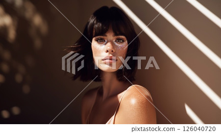 Portrait of a young woman with holographic glitter makeup and natural freckles. Soft sunlight and shadows highlight radiant summer skin and creative beauty expression. 126040720