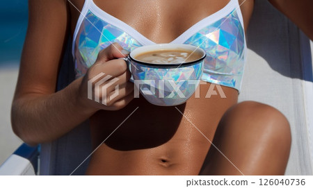 Tanned woman holding holographic coffee cup in bikini under the sun. Summer vibes, aesthetic beach scene, glossy textures, and stylish futuristic fashion in tropical heat. 126040736