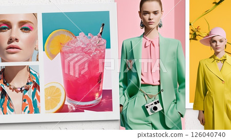 Colorful summer collage with stylish fashion, bright makeup, vibrant drinks, youthful energy, and modern aesthetics. Trendy moodboard celebrating creativity, elegance, and fun. Colorful summer collage with stylish fashion, bright makeup, vibrant drinks, youthful energy, and modern aesthetics. Trendy moodboard celebrating creativity, elegance, and fun. 126040740