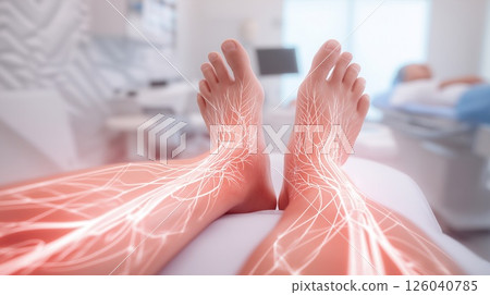 Medical visualization of nerve and vein pathways in legs during clinical examination. Concept of neuropathy, varicose veins, restless leg syndrome, chronic pain, vascular disorder. 126040785