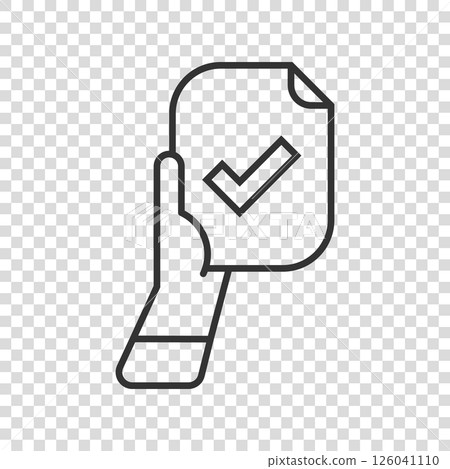 People hand with check mark icon in flat style. Accept vector illustration on white isolated background. Approval choice business concept. 126041110