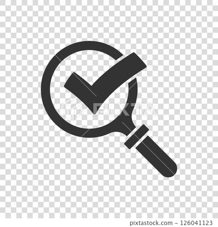 Check mark with magnifying glass icon in flat style. Loupe accept vector illustration on white isolated background. Search checklist business concept. Check mark with magnifying glass icon in flat style. Loupe accept vector illustration on white isolated background. Search checklist business concept. 126041123