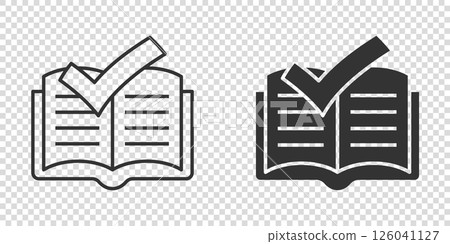 Book check mark icon in flat style. Bookmark approval vector illustration on white isolated background. Confirm business concept. Book check mark icon in flat style. Bookmark approval vector illustration on white isolated background. Confirm business concept. 126041127