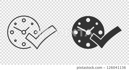 Clock check mark icon in flat style. Timer approval vector illustration on white isolated background. Confirm business concept. 126041136