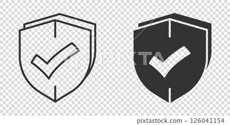 Shield with check mark icon in flat style. Protect vector illustration on white isolated background. Checkmark guard business concept. Shield with check mark icon in flat style. Protect vector illustration on white isolated background. Checkmark guard business concept. 126041154
