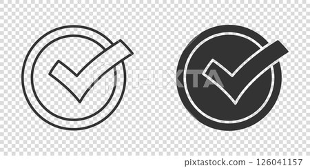 Check mark sign icon in flat style. Confirm button vector illustration on white isolated background. Accepted business concept. 126041157