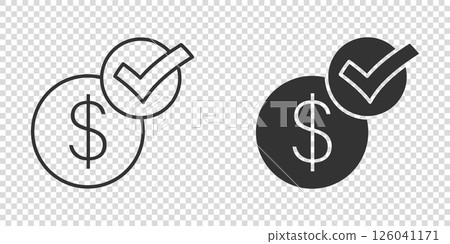 Coin check mark icon in flat style. Money approval vector illustration on white isolated background. Confirm business concept. Coin check mark icon in flat style. Money approval vector illustration on white isolated background. Confirm business concept. 126041171