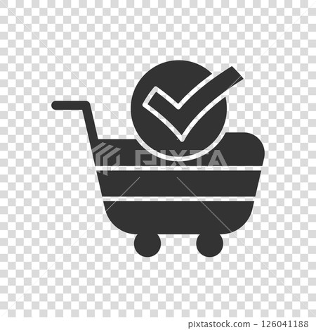 Shopping cart check mark icon in flat style. Buy approval vector illustration on white isolated background. Confirm business concept. 126041188
