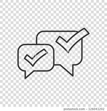 Speak chat sign icon in flat style. Speech bubble with check mark vector illustration on white isolated background. Team discussion button business concept. Speak chat sign icon in flat style. Speech bubble with check mark vector illustration on white isolated background. Team discussion button business concept. 126041202