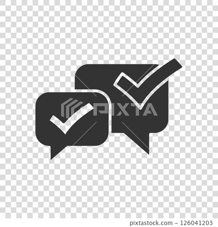 Speak chat sign icon in flat style. Speech bubble with check mark vector illustration on white isolated background. Team discussion button business concept. 126041203