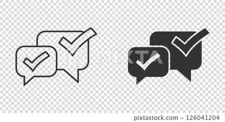 Speak chat sign icon in flat style. Speech bubble with check mark vector illustration on white isolated background. Team discussion button business concept. 126041204