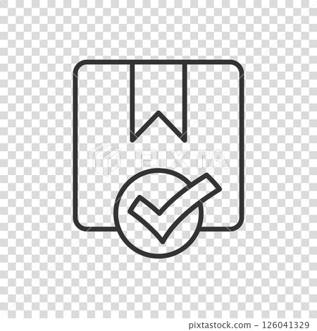 Shipping box check icon in flat style. Container approve vector illustration on white isolated background. Cardboard package business concept. 126041329