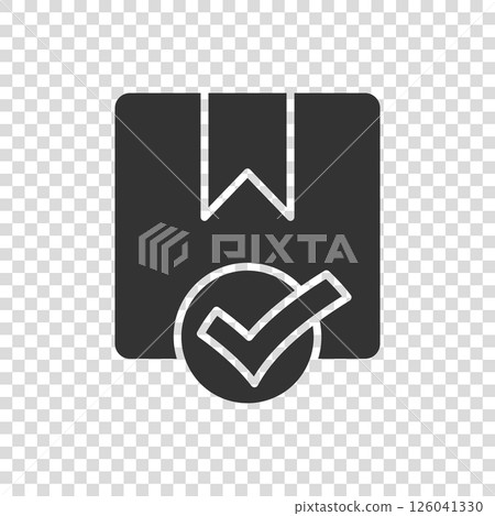 Shipping box check icon in flat style. Container approve vector illustration on white isolated background. Cardboard package business concept. 126041330