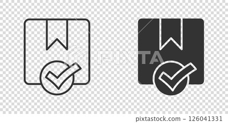 Shipping box check icon in flat style. Container approve vector illustration on white isolated background. Cardboard package business concept. 126041331