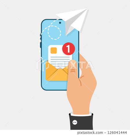 Send email from smartphone in hand icon in flat style. Paper plane vector illustration on isolated background. Message transfer sign business concept. 126041444