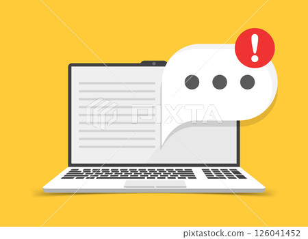 Laptop notification icon in flat style. Computer vector illustration on isolated background. Reminder message sign business concept. 126041452